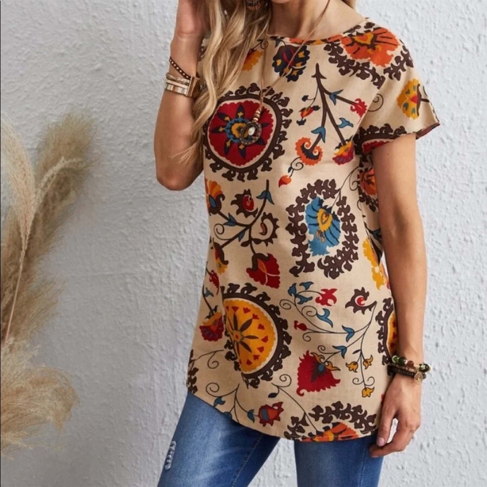 Boho Floral Print Short Sleeve Tunic Top - Picture 2 of 7